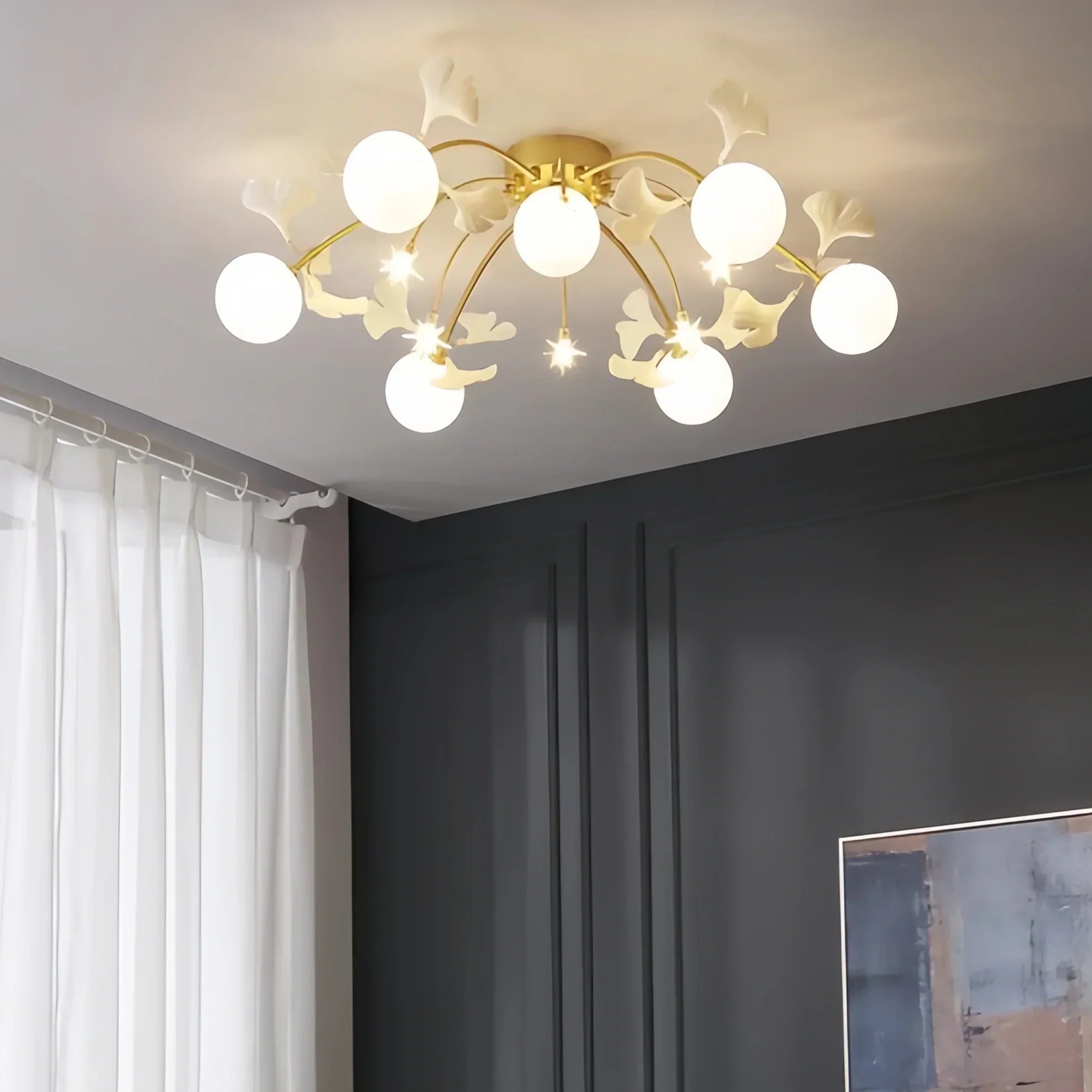 Ceramic Ginkgo Glass Ceiling Lamp-7+6 Heads 39.4"X H 11.8"-
