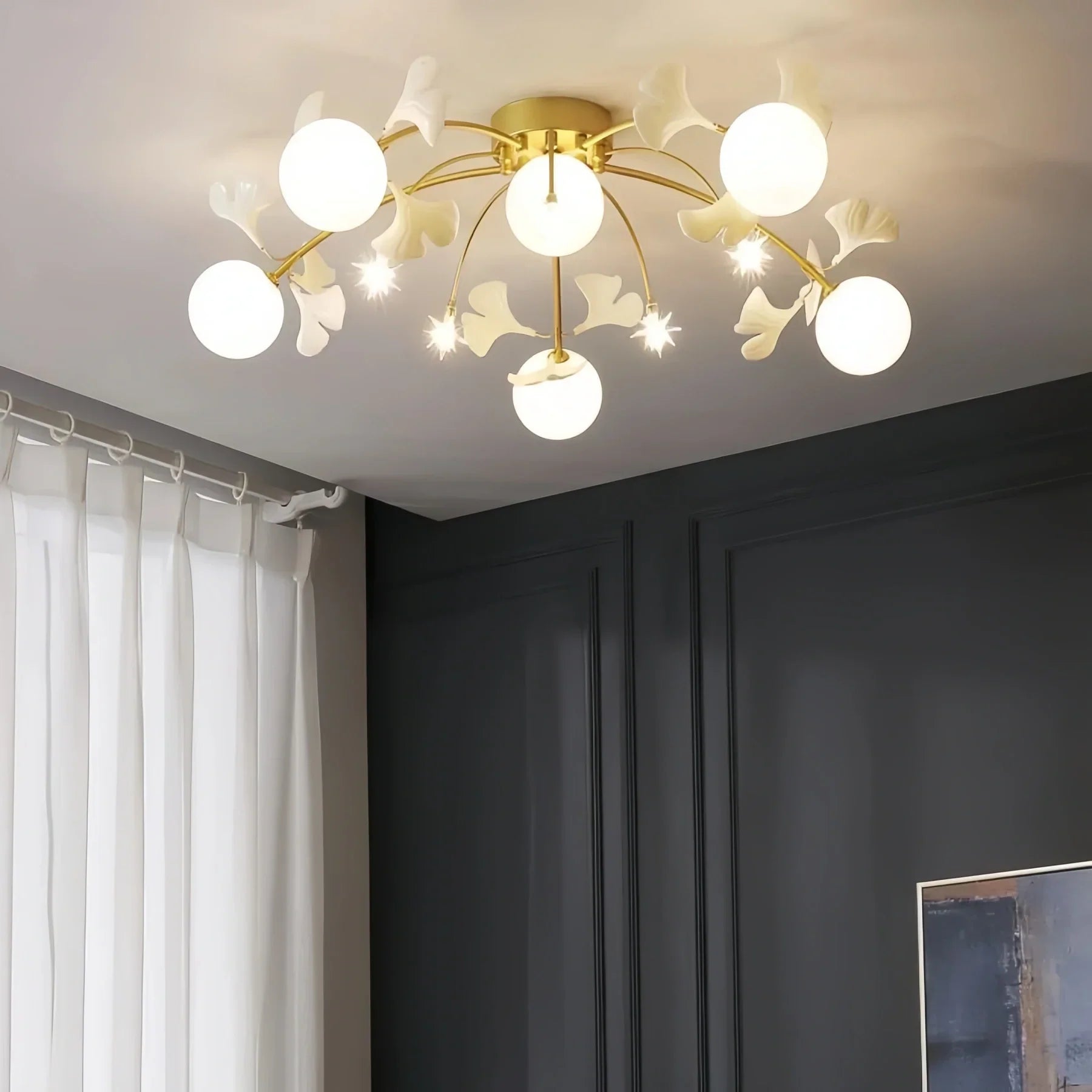 Ceramic Ginkgo Glass Ceiling Lamp-6+5 Heads 39.4"X H 11.8"-