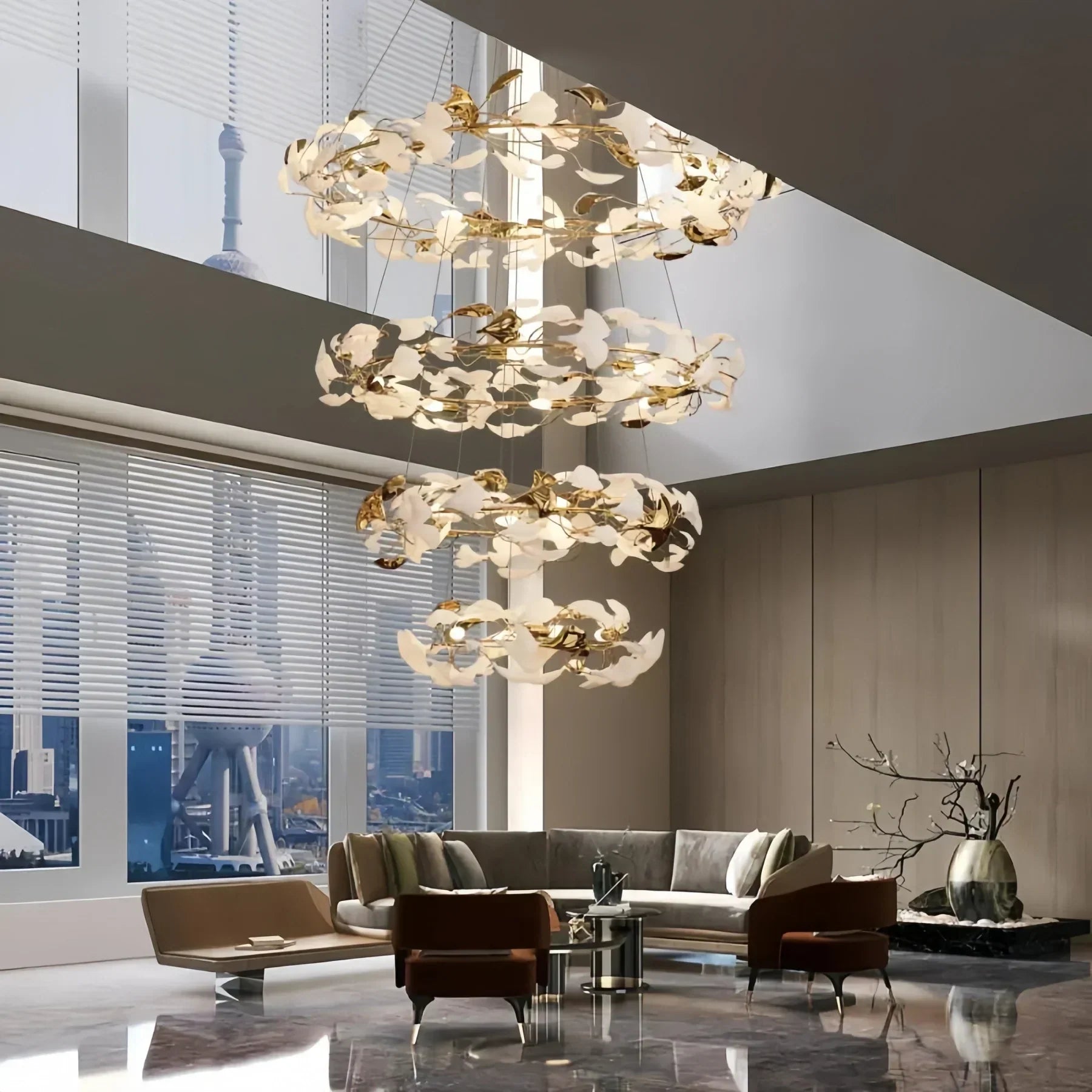 Ceramic Ginkgo Rings Linear Branch Chandelier-