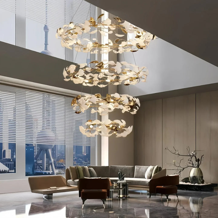 Ceramic Ginkgo Rings Linear Branch Chandelier-