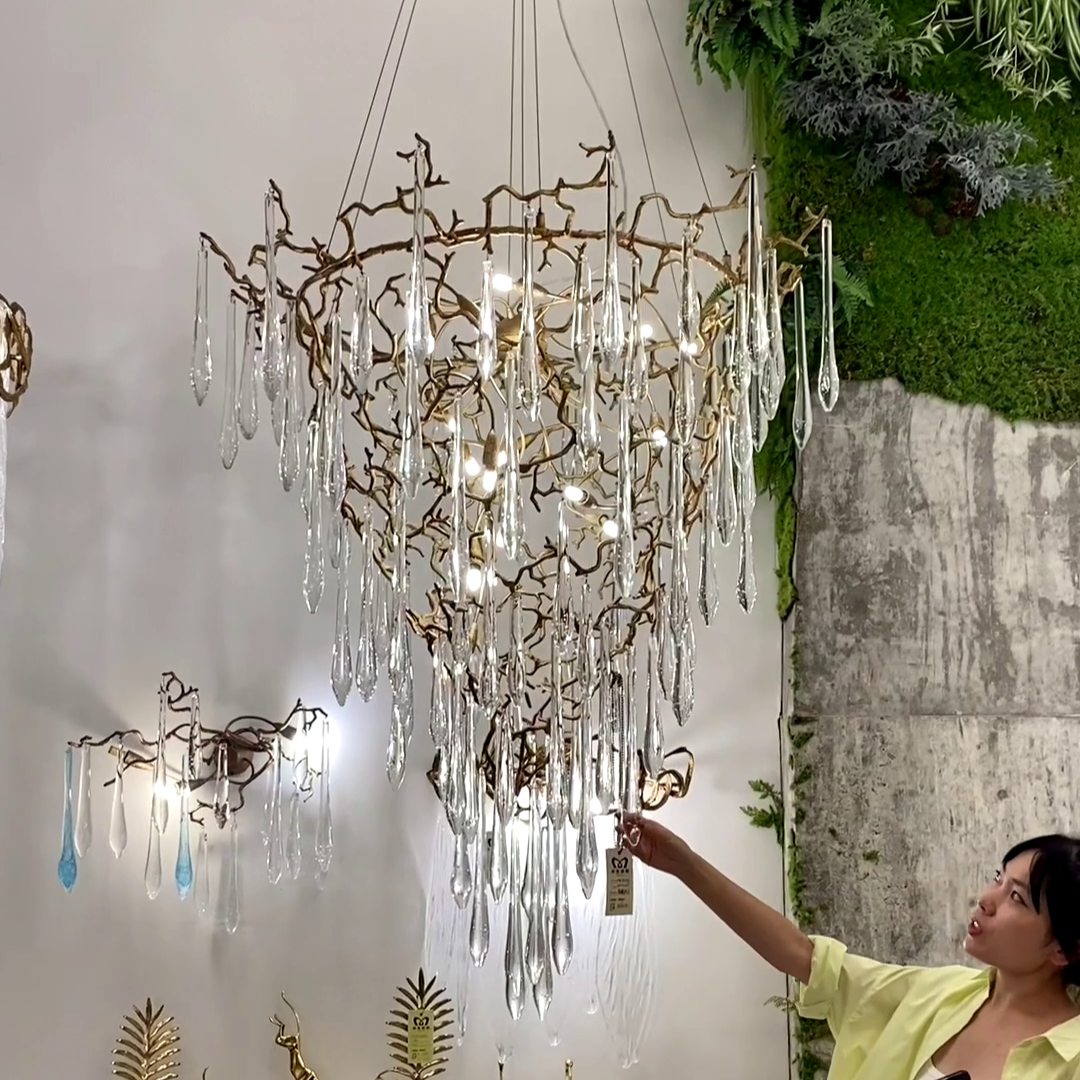 Chic Modern French Branch Copper Crystal Chandelier for Living Room Foyer and Dining Room Lighting-Chandeliers-Arialamps