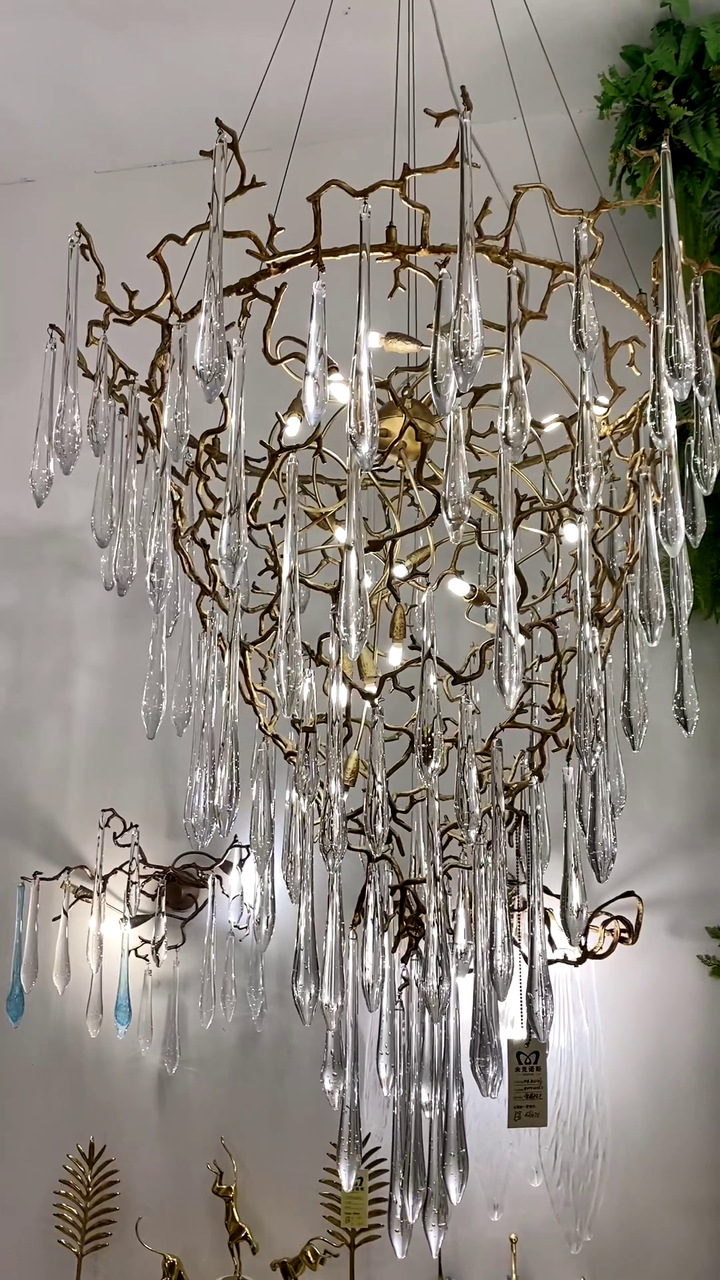 Chic Modern French Branch Copper Crystal Chandelier for Living Room Foyer and Dining Room Lighting-Chandeliers-Arialamps