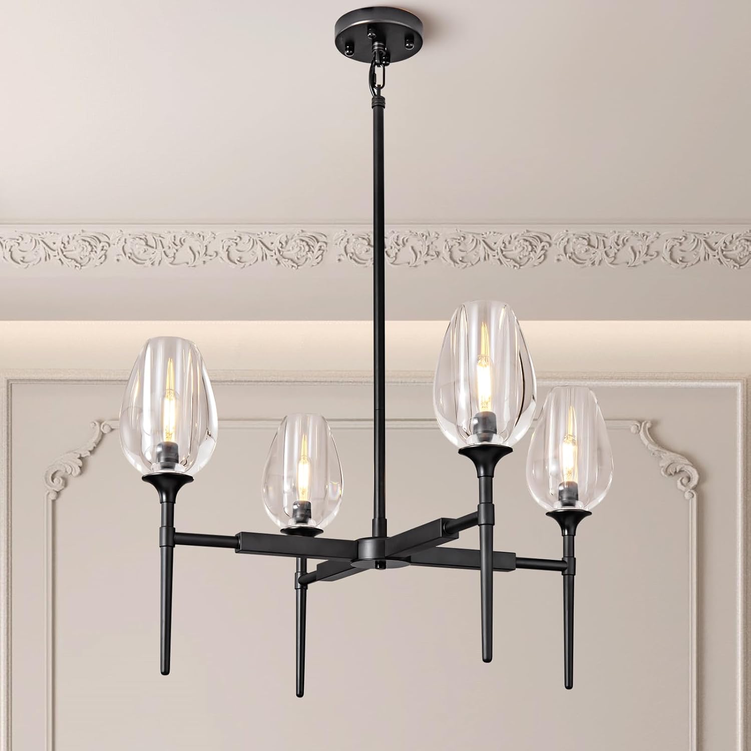 Crystal Black Adjustable 28" Tulip Pendant Chandelier with 4 Lights