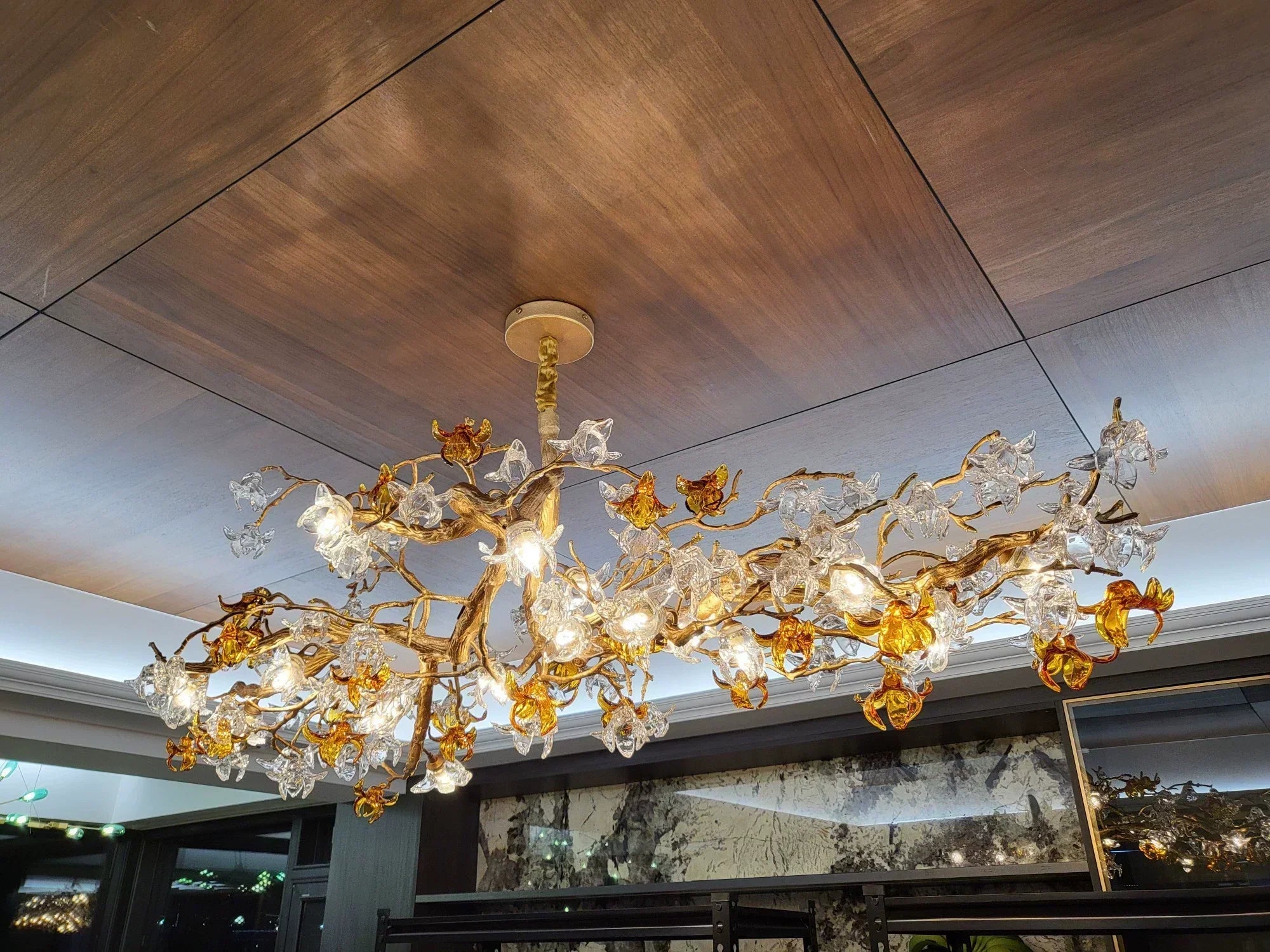 Designer Favorite Brass Branch Chandelier with Artistic Flower Glass for Dining Room Living Room and Kitchen Island-Chandeliers-Arialamps