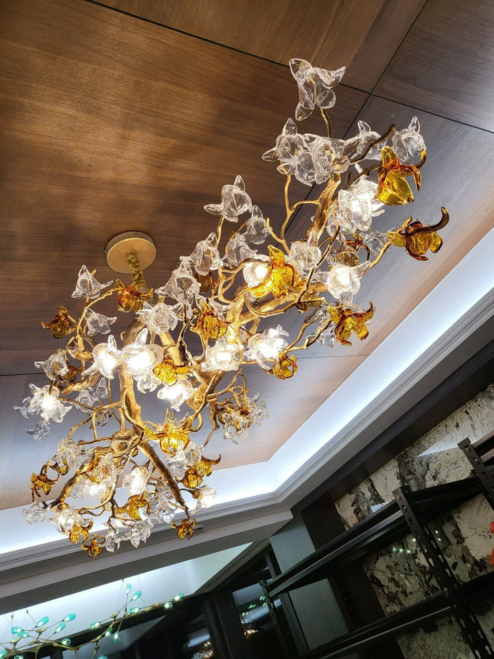 Designer Favorite Brass Branch Chandelier with Artistic Flower Glass for Dining Room Living Room and Kitchen Island-Chandeliers-Arialamps