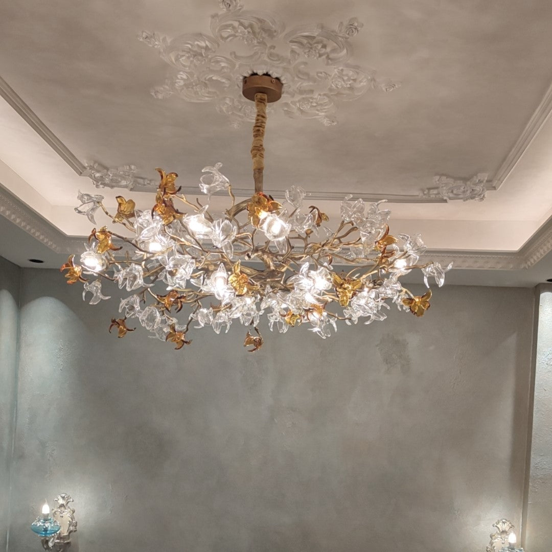 Designer Favorite Brass Branch Chandelier with Artistic Flower Glass for Dining Room Living Room and Kitchen Island-Chandeliers-Round/12 Lights/D23.6"*H15.7"-Warm Light-Arialamps