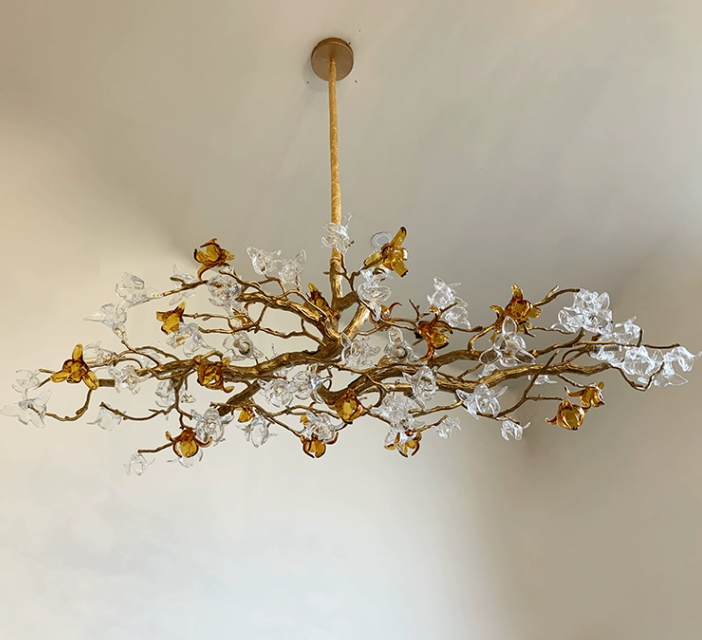 Designer Favorite Brass Branch Chandelier with Artistic Flower Glass for Dining Room Living Room and Kitchen Island-Chandeliers-Arialamps