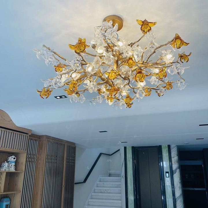 Designer Favorite Brass Branch Chandelier with Artistic Flower Glass for Dining Room Living Room and Kitchen Island-Chandeliers-Arialamps