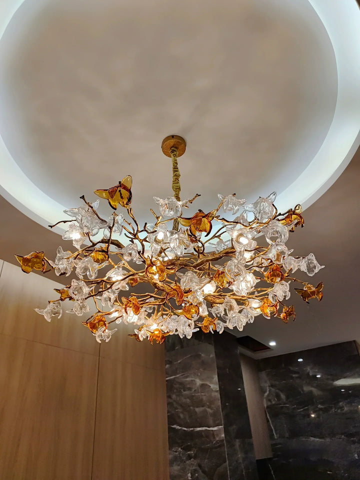 Designer Favorite Brass Branch Chandelier with Artistic Flower Glass for Dining Room Living Room and Kitchen Island-Chandeliers-Arialamps
