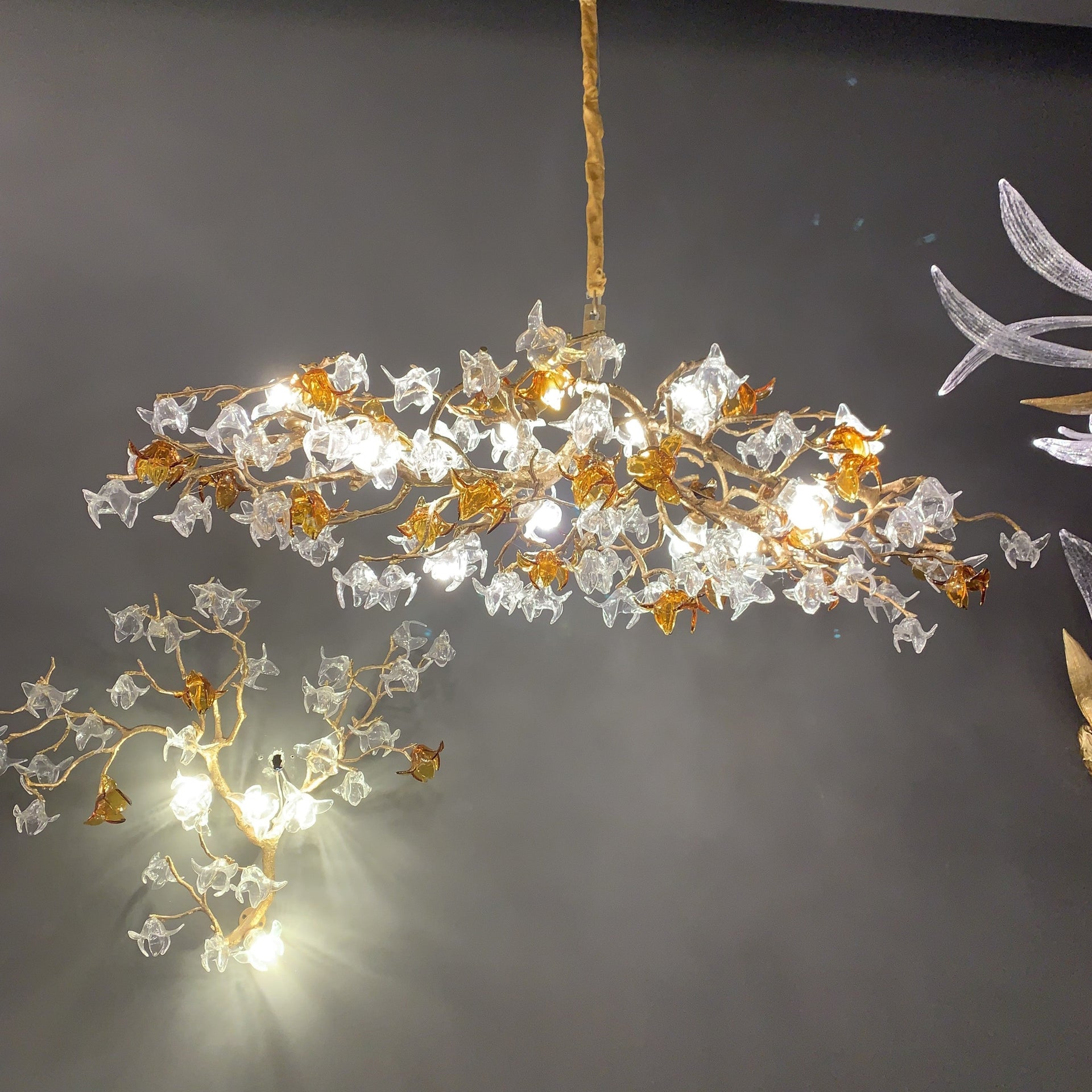 Designer Favorite Brass Branch Chandelier with Artistic Flower Glass for Dining Room Living Room and Kitchen Island-Chandeliers-Linear/12 Lights/L39.4"*W15.75"*H15.75"-Warm Light-Arialamps