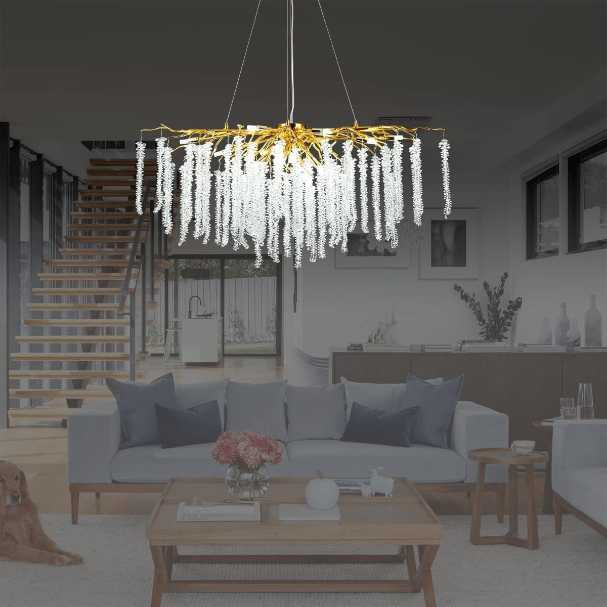 Doris White Crystal Rectangle Branch Chandelier Gold 45"L-Chandelier-Arialamps