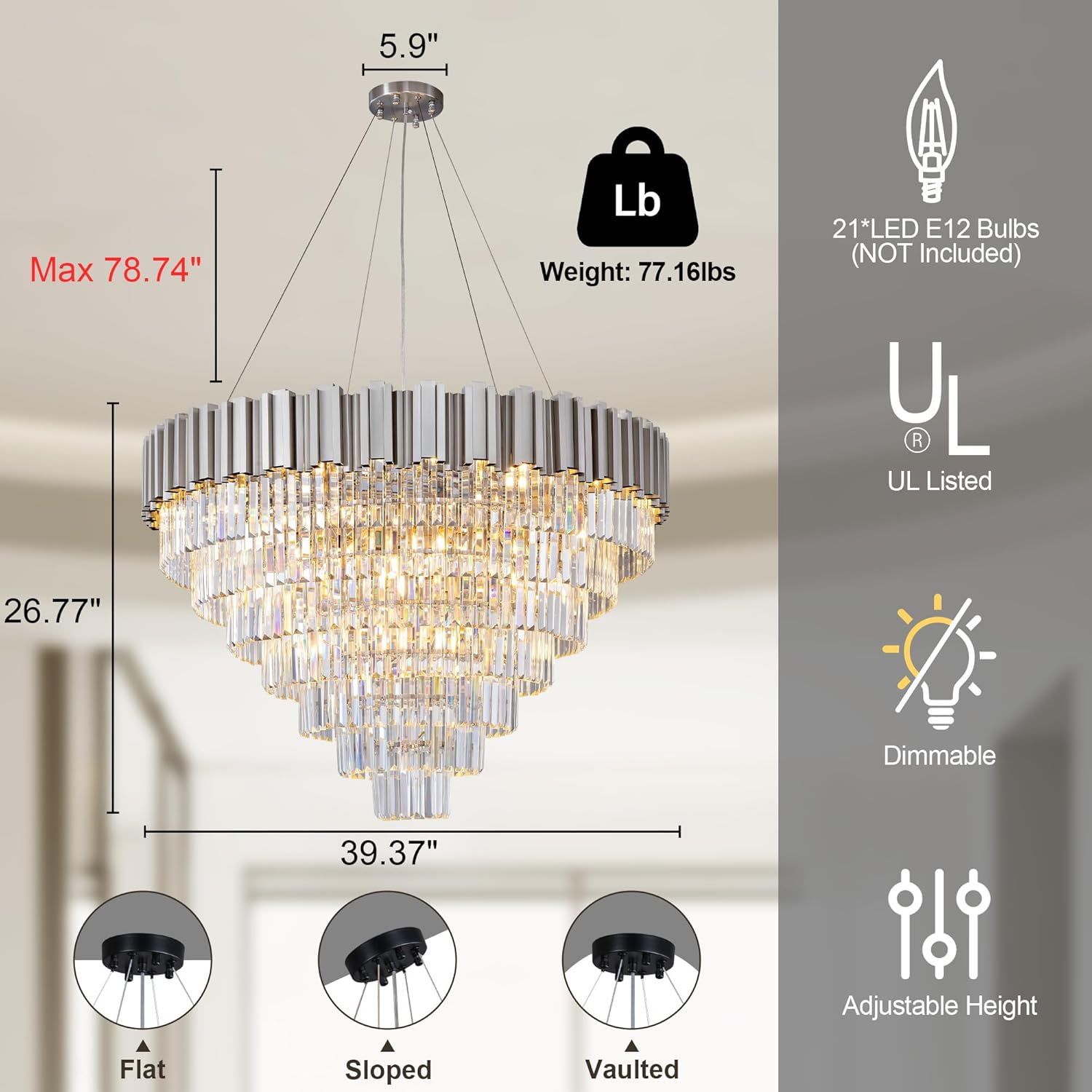 Elegant 7-Tier 39" Silver Crystal Chandelier with 21 Lights