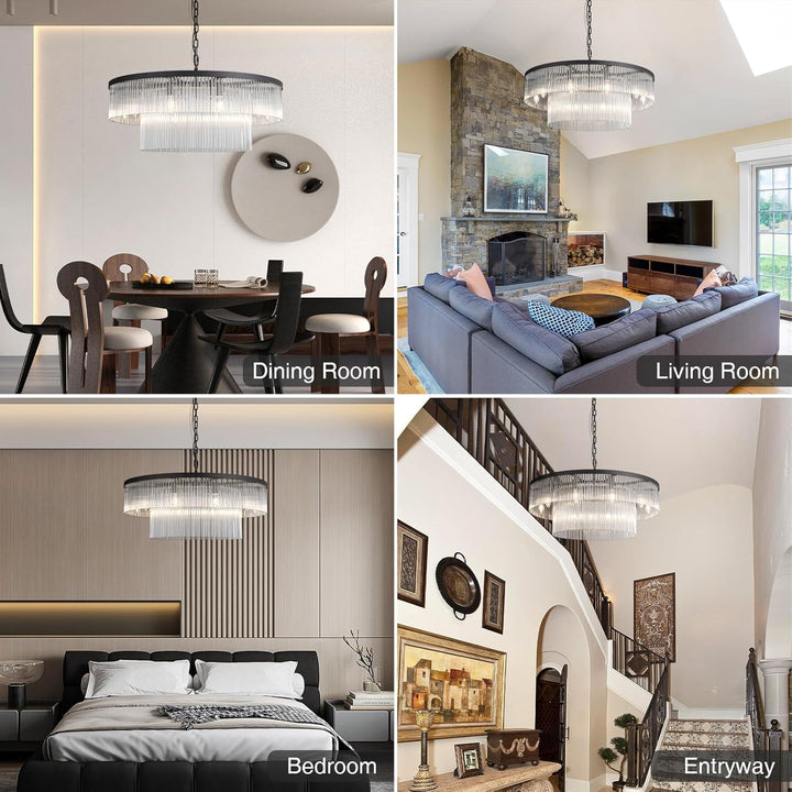 Elegant Black Glass Two-Tier 31.5" 10-Light Modern Chandelier