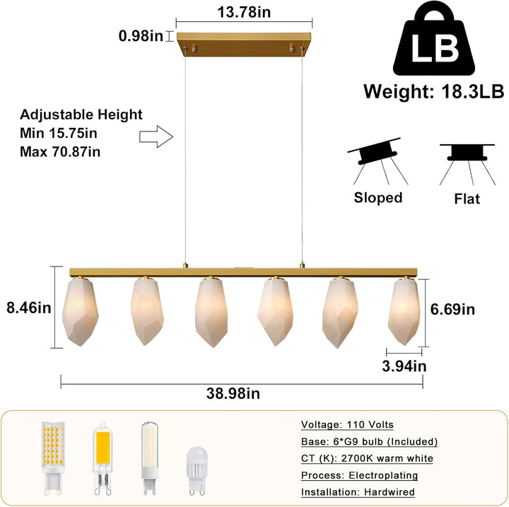 Elegant Gold Alabaster 6-Light Linear Chandelier for Dining