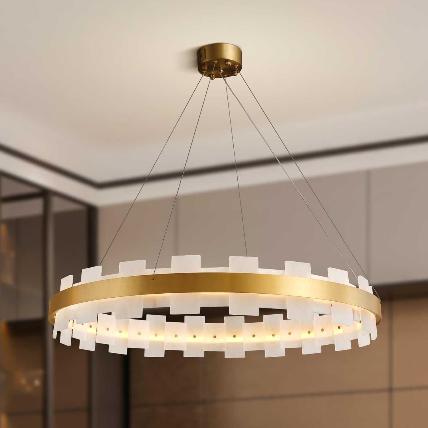 Elegant Spanish Alabaster Round Chandelier 31.5" Diameter with Adjustable Height