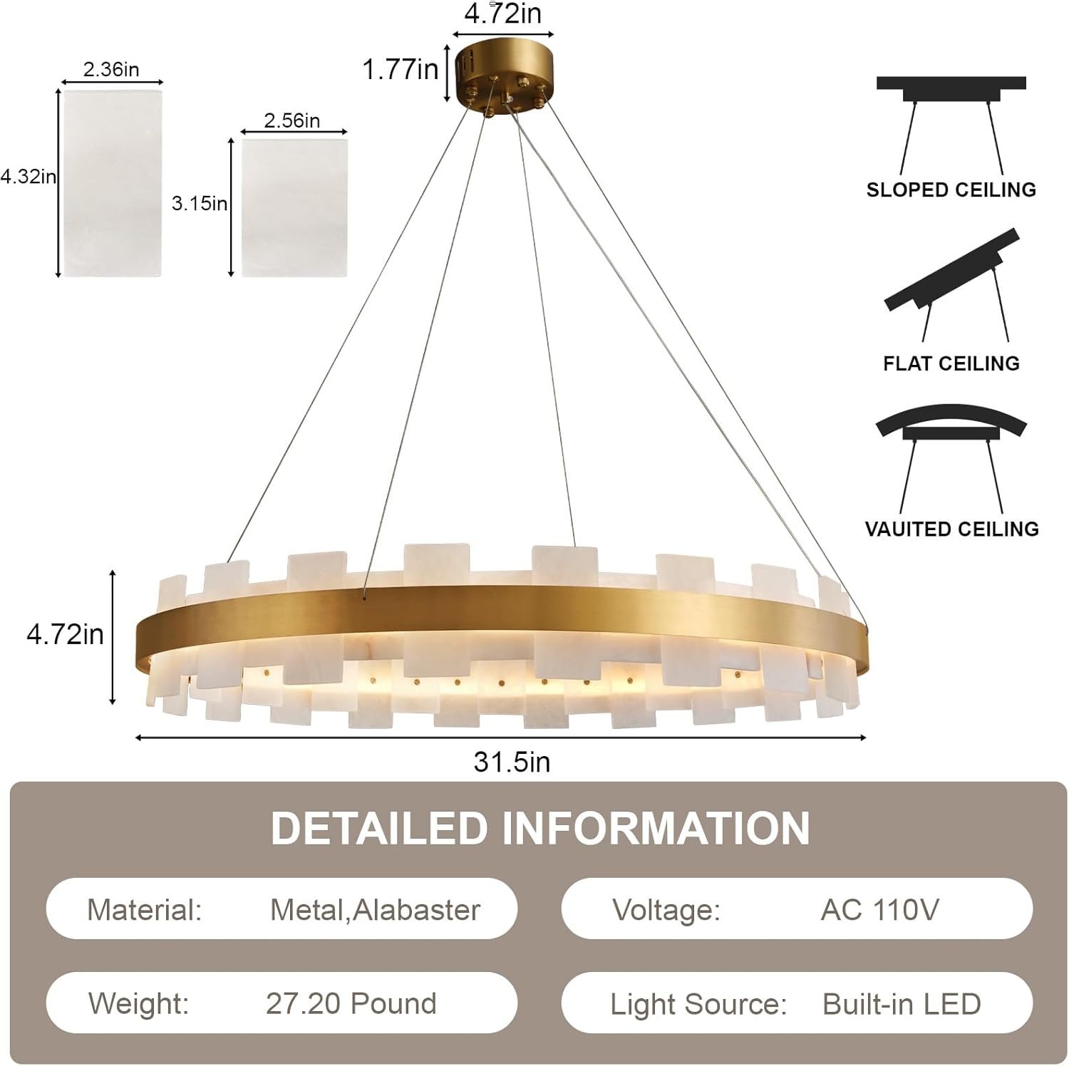Elegant Spanish Alabaster Round Chandelier 31.5" Diameter with Adjustable Height