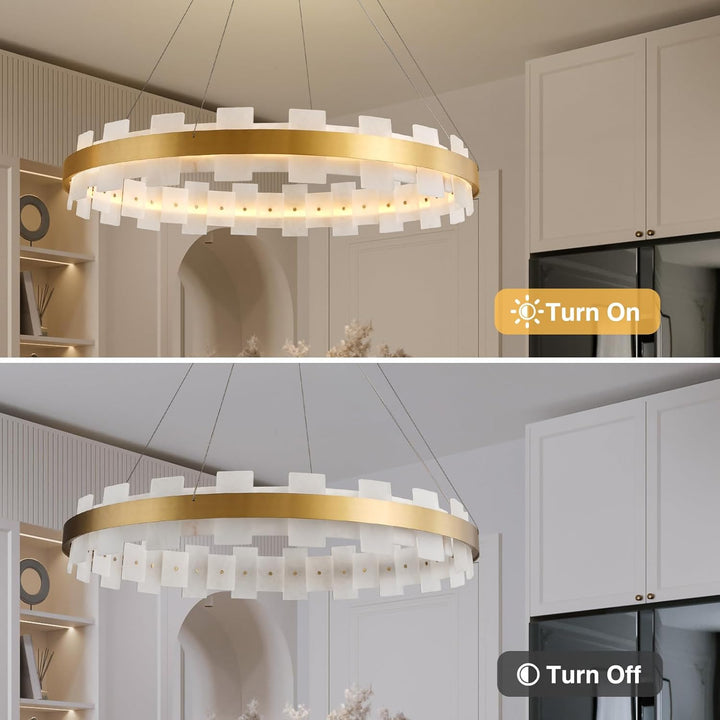 Elegant Spanish Alabaster Round Chandelier 31.5" Diameter with Adjustable Height