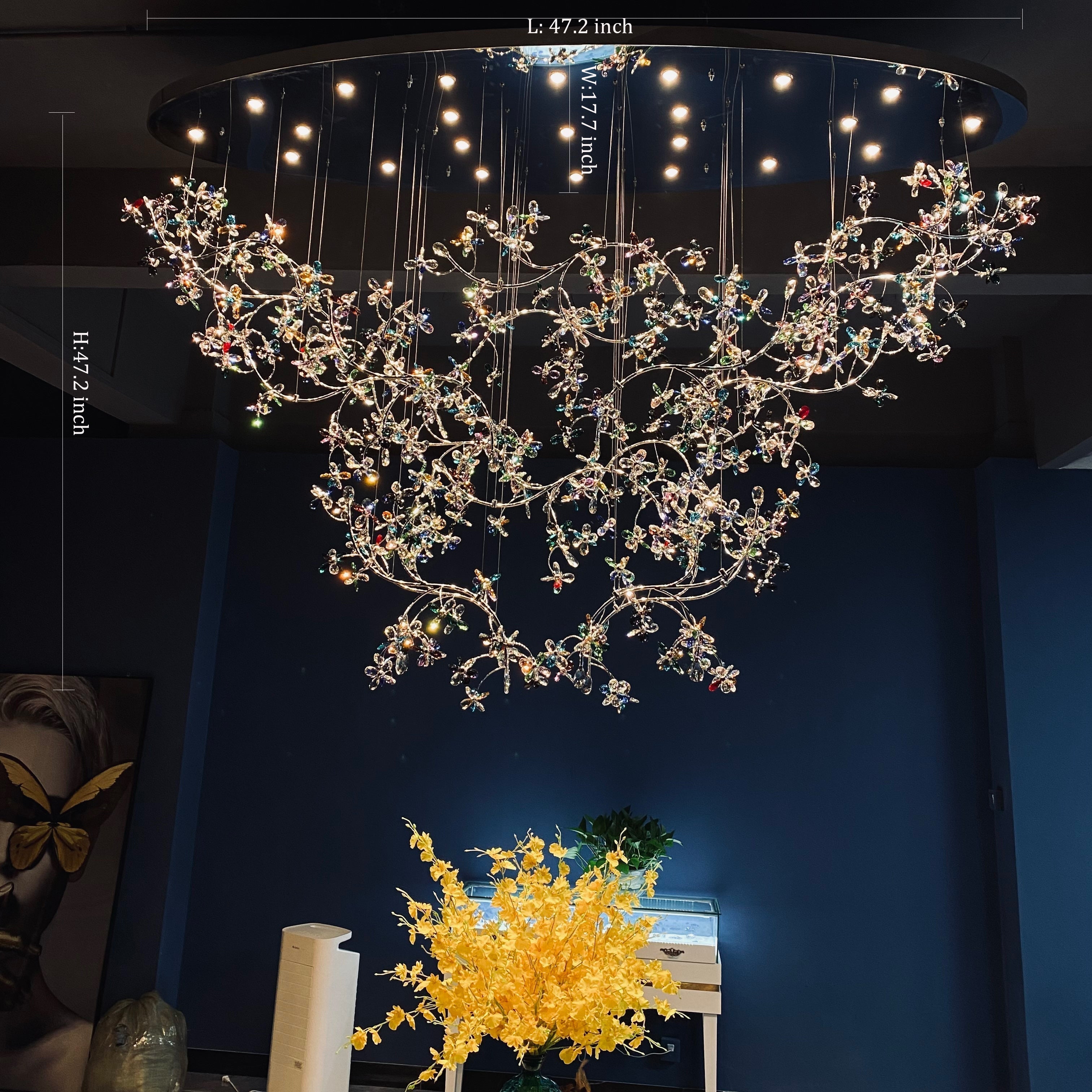 Exquisite Crystal Flower Branch Chandelier for Hotel Foyer and Entryway Ceiling Lighting Fixture-Chandeliers-L47.2" * W17.7" * H47.2"/23.3kg-Chrome Branches+Chrome Canopy-Warm Light-Arialamps