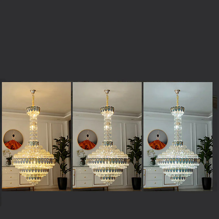 Multi-tier crystal chandelier lighting a modern villa entrance