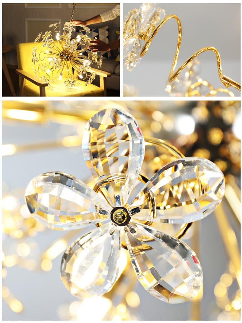 Golden Faceted Crystal Petal Dandelion Chandelier 24"