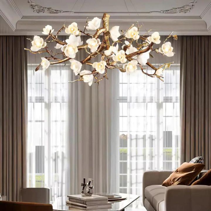 Flower Bloom Branch Brass Chandelier-chandeliers for dining room,chandeliers for stairways,chandeliers for foyer,chandeliers for bedrooms,chandeliers for kitchen,chandeliers for living room-Brass and White-Dia 39.4″(100cm) x H 17.7″(45cm)-Arialamps