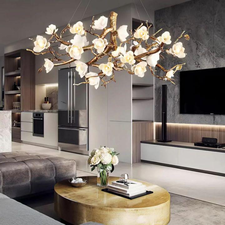 Flower Bloom Branch Brass Chandelier-chandeliers for dining room,chandeliers for stairways,chandeliers for foyer,chandeliers for bedrooms,chandeliers for kitchen,chandeliers for living room-Brass and White-Dia 39.4″(100cm) x H 15.7″(40cm)-Arialamps