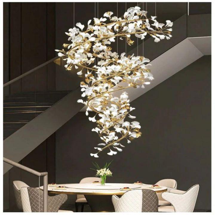 Ginkgo Cascading B (Spiral) Branch Chandelier-chandeliers for dining room,chandeliers for stairways,chandeliers for foyer,chandeliers for bedrooms,chandeliers for kitchen,chandeliers for living room-All white leaves-H150CM (H59")-Arialamps