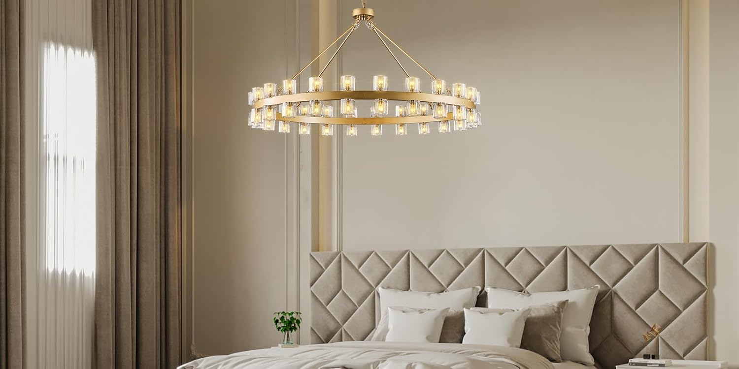 Gold 48‑Inch Wagon Wheel Chandelier with 48 Crystal Lights