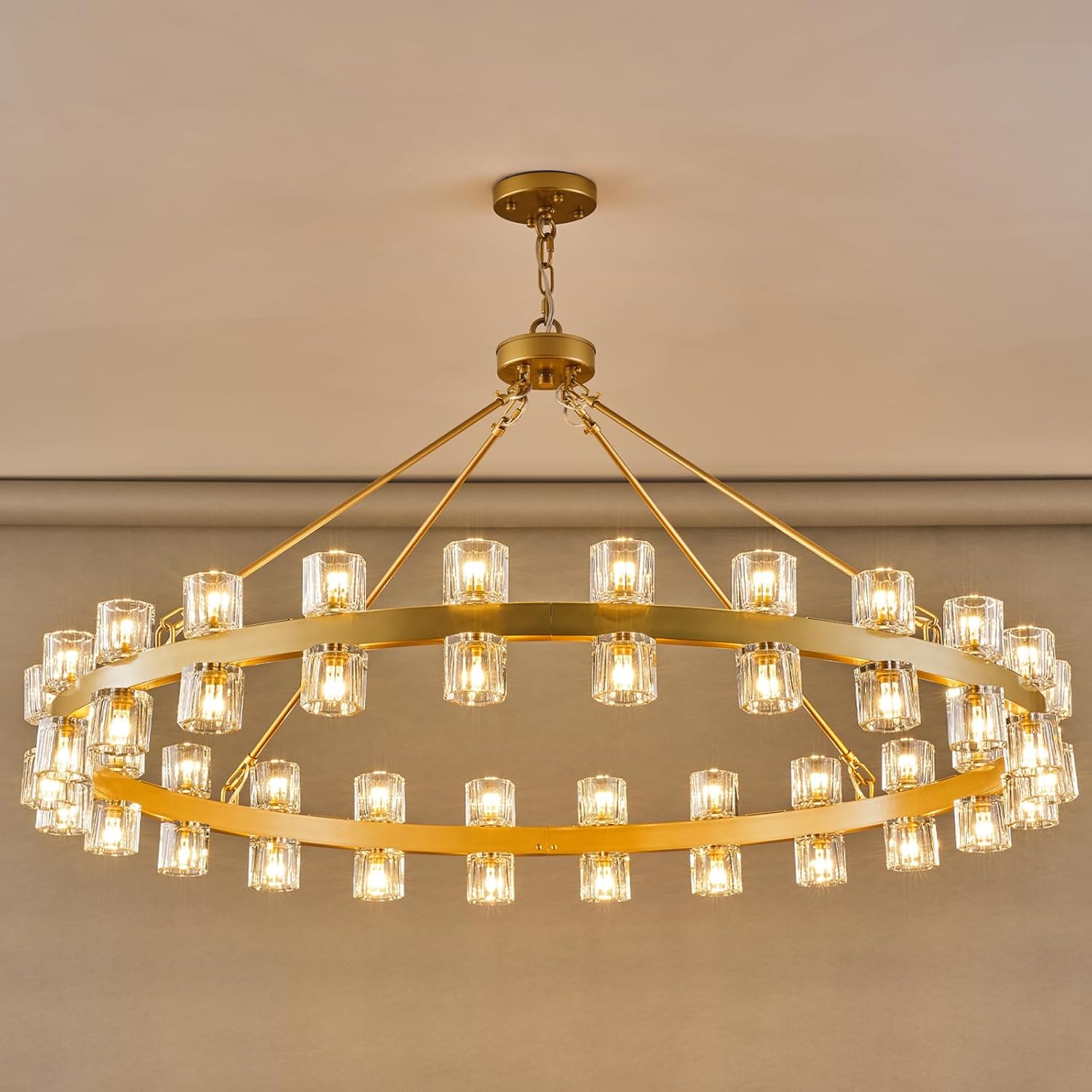 Gold 48‑Inch Wagon Wheel Chandelier with 48 Crystal Lights