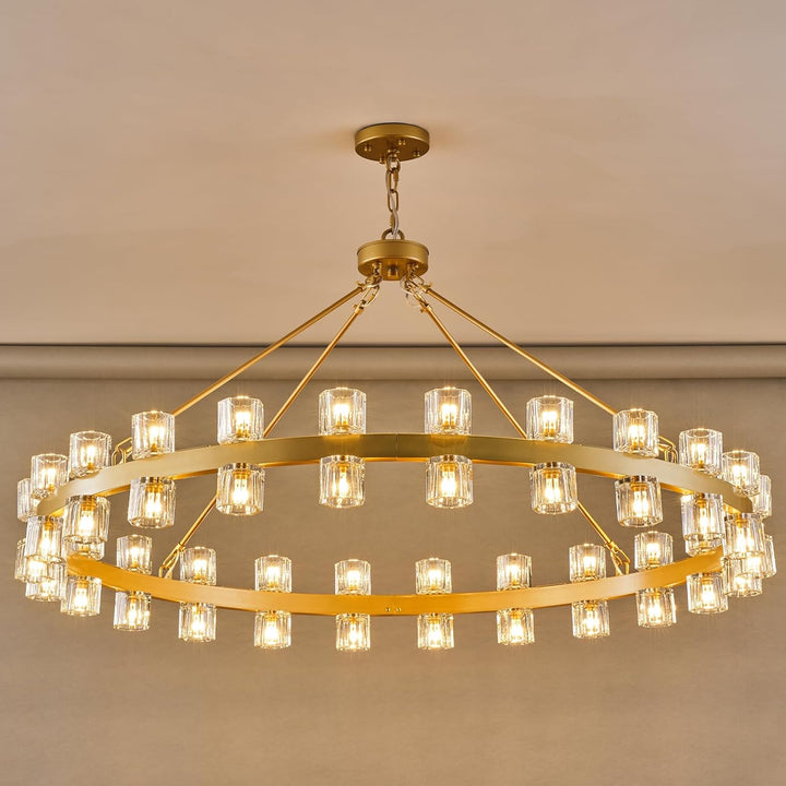 Gold 48‑Inch Wagon Wheel Chandelier with 48 Crystal Lights