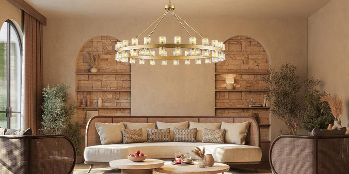 Gold 48‑Inch Wagon Wheel Chandelier with 48 Crystal Lights