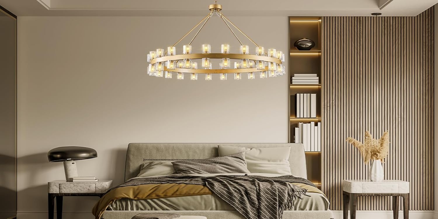 Gold 48‑Inch Wagon Wheel Chandelier with 48 Crystal Lights