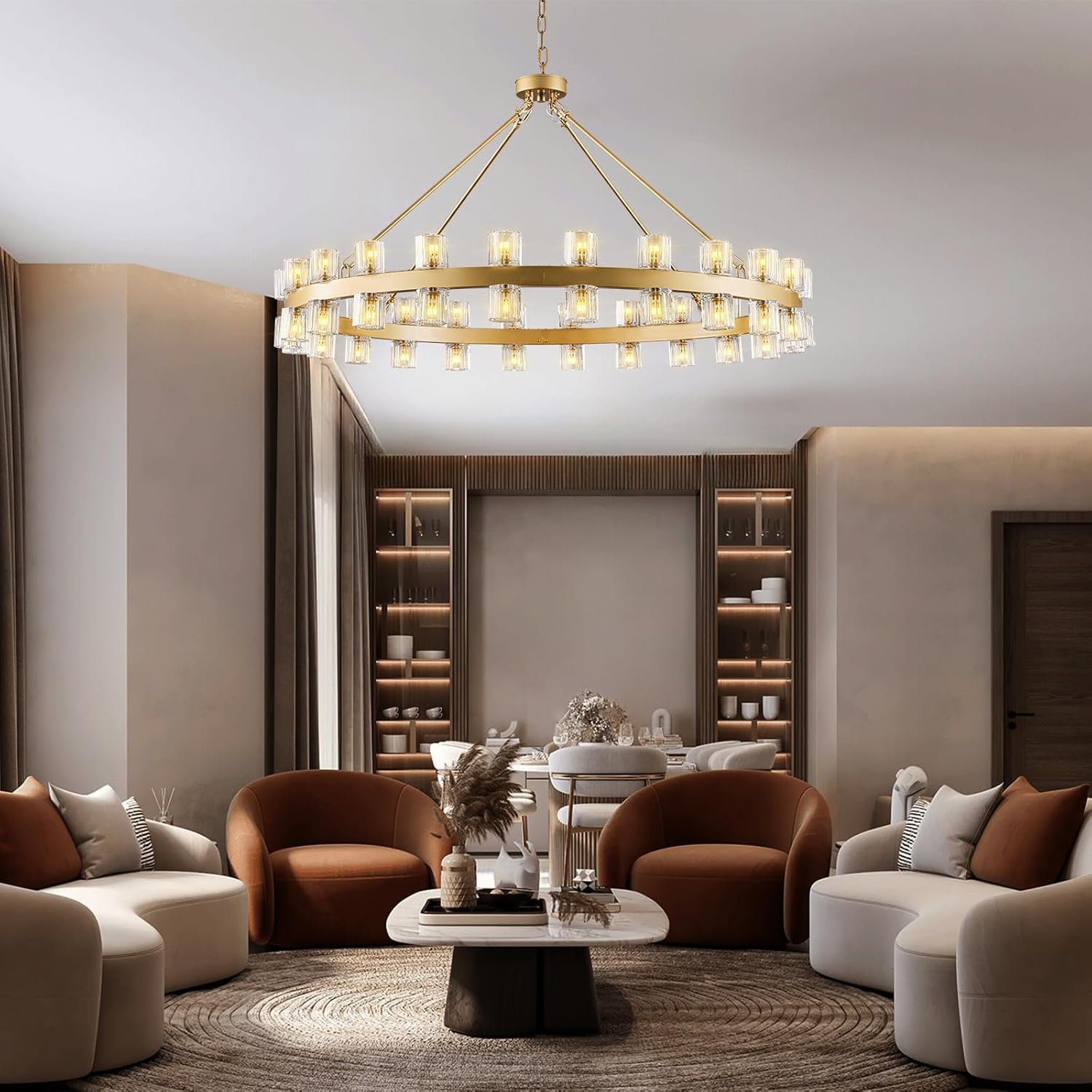 Gold 48‑Inch Wagon Wheel Chandelier with 48 Crystal Lights