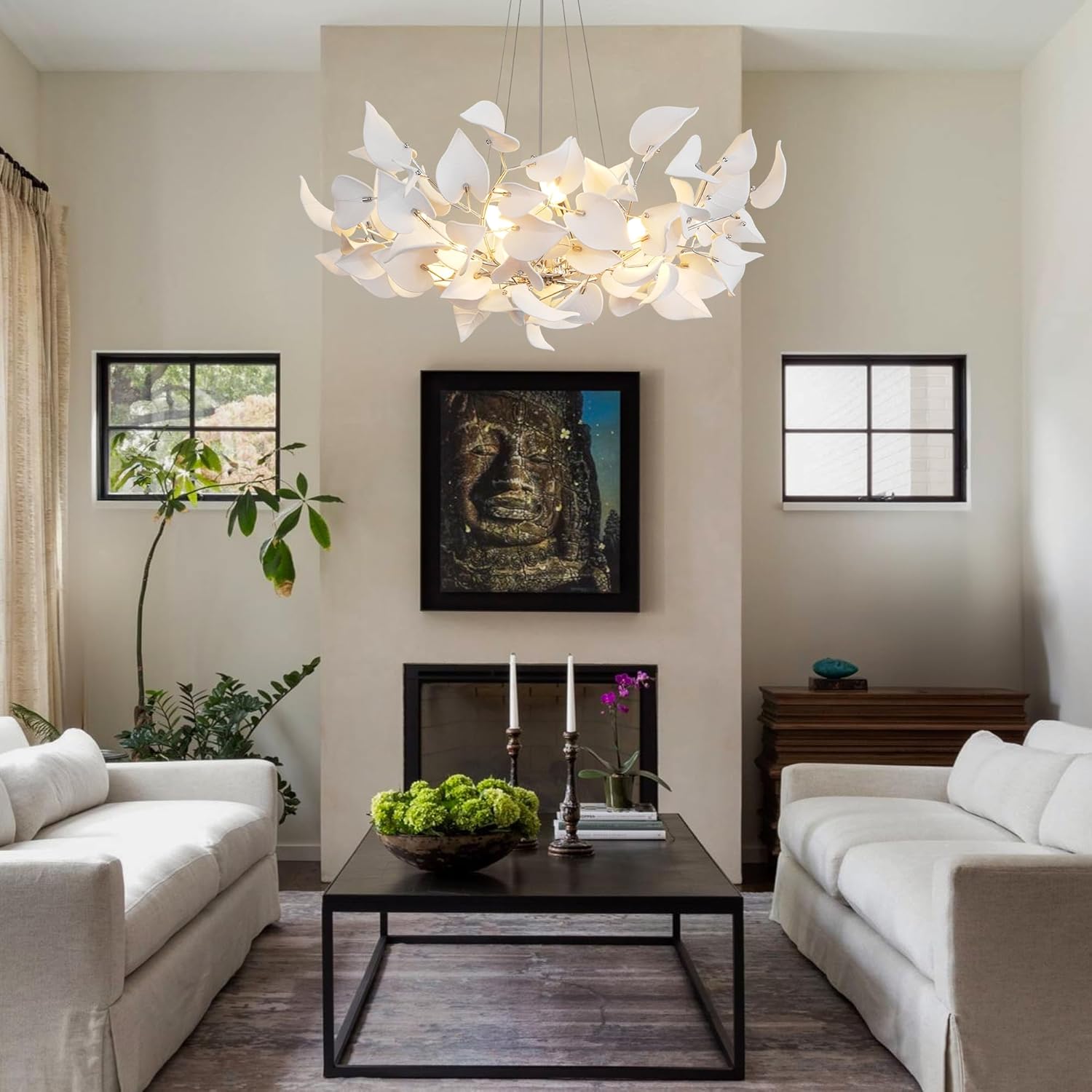 Gold Ceramic Leaf Chandelier 31.5" 6-Light Modern Round Fixture