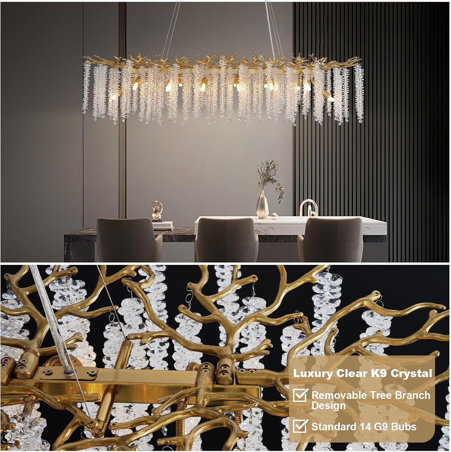 YUYI Gold Tree Branch Crystal Chandelier 47.2" Rectangular