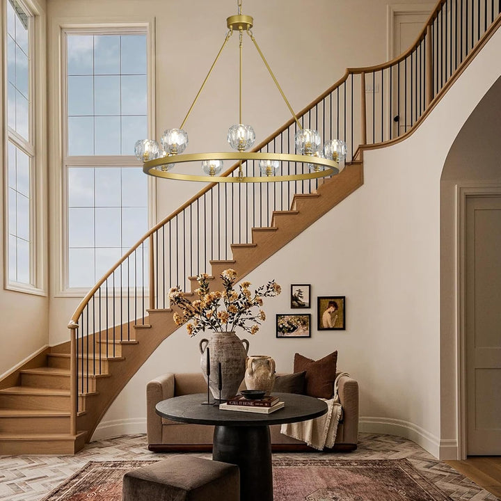 Gold Wagon Wheel Chandelier – 36" 9-Light Crystal Fixture for Modern Homes