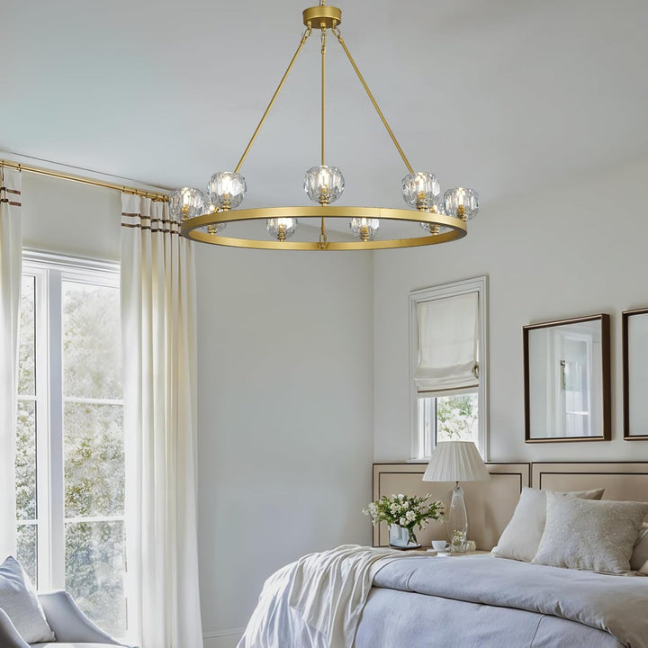 Gold Wagon Wheel Chandelier – 36" 9-Light Crystal Fixture for Modern Homes
