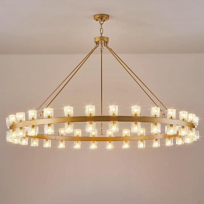 Gold Wagon Wheel Chandelier 60" Crystal Shade, 60 Lights, Farmhouse