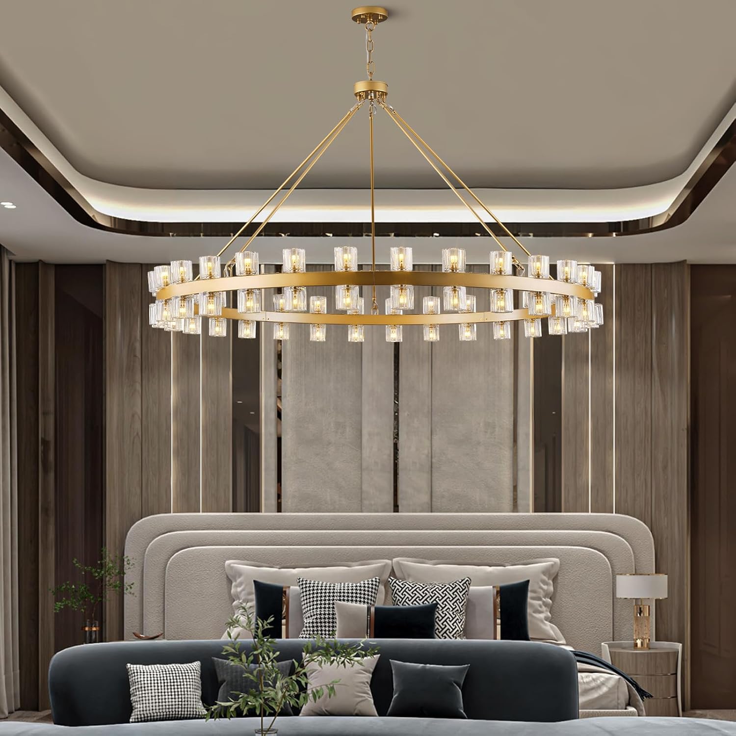Gold Wagon Wheel Chandelier 60" Crystal Shade, 60 Lights, Farmhouse