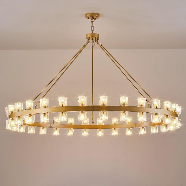 Gold Wagon Wheel Chandelier 60" Crystal Shade, 60 Lights, Farmhouse