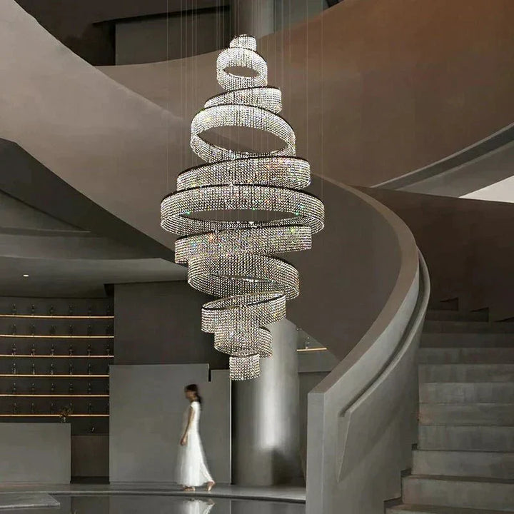 Long Crystal Tassel Rings Chandelier Extra Large Living Room Staircase High Ceiling Lighting Fixture - Arialamps