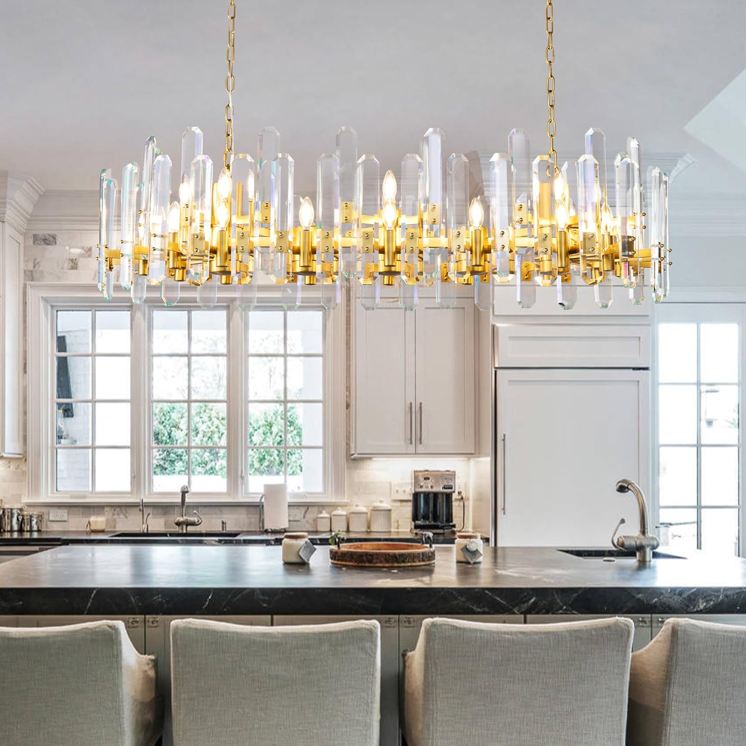 Luxury 54" Gold Crystal Chandelier – 24 Light Rectangular Fixture for Dining & Living Rooms