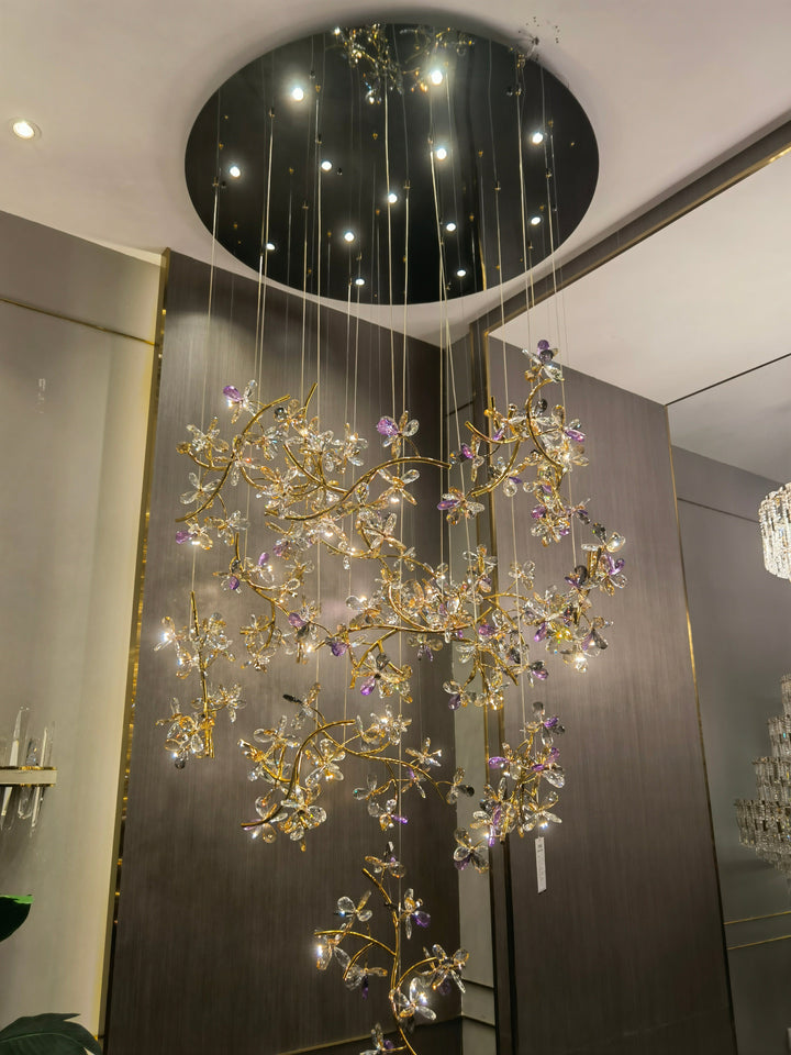 Luxury Branch Flower Crystal Chandelier for High Ceiling Staircase Foyer and Hallway Decor-Chandeliers-D19.7"*H118"/18kg-Gold-Warm Light-Arialamps