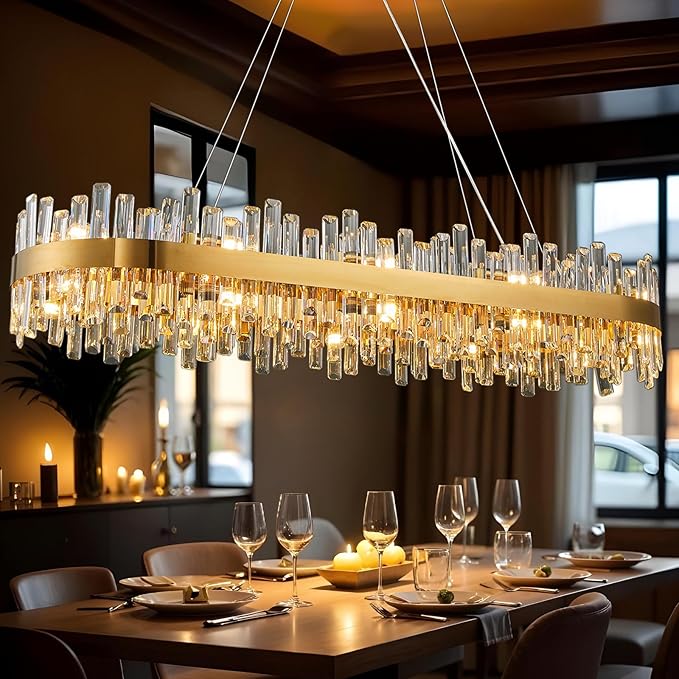 Luxury Gold 2-Tier Rectangular Crystal Chandelier 52" L Dining