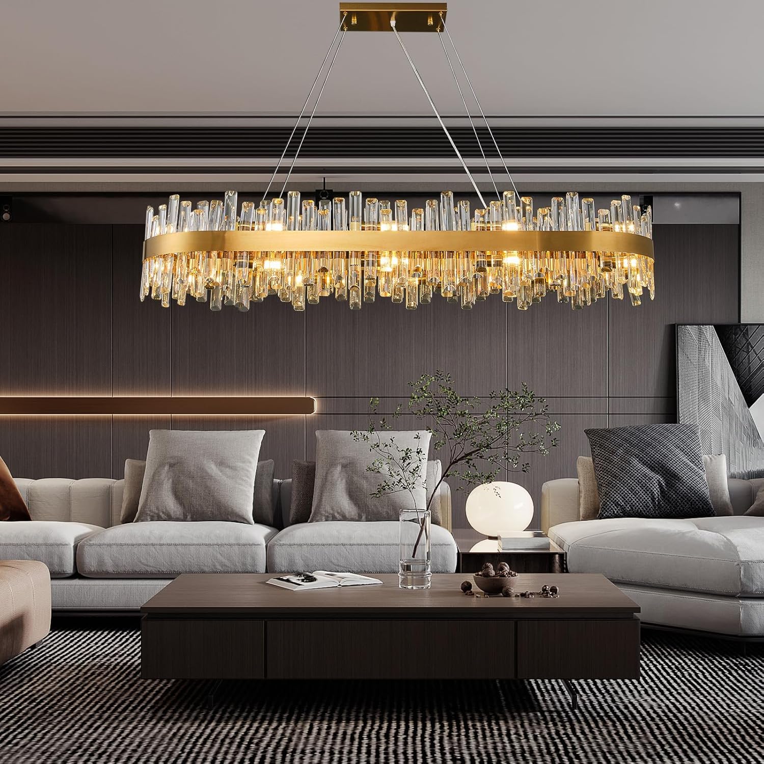 Luxury Gold 2-Tier Rectangular Crystal Chandelier 52" L Dining