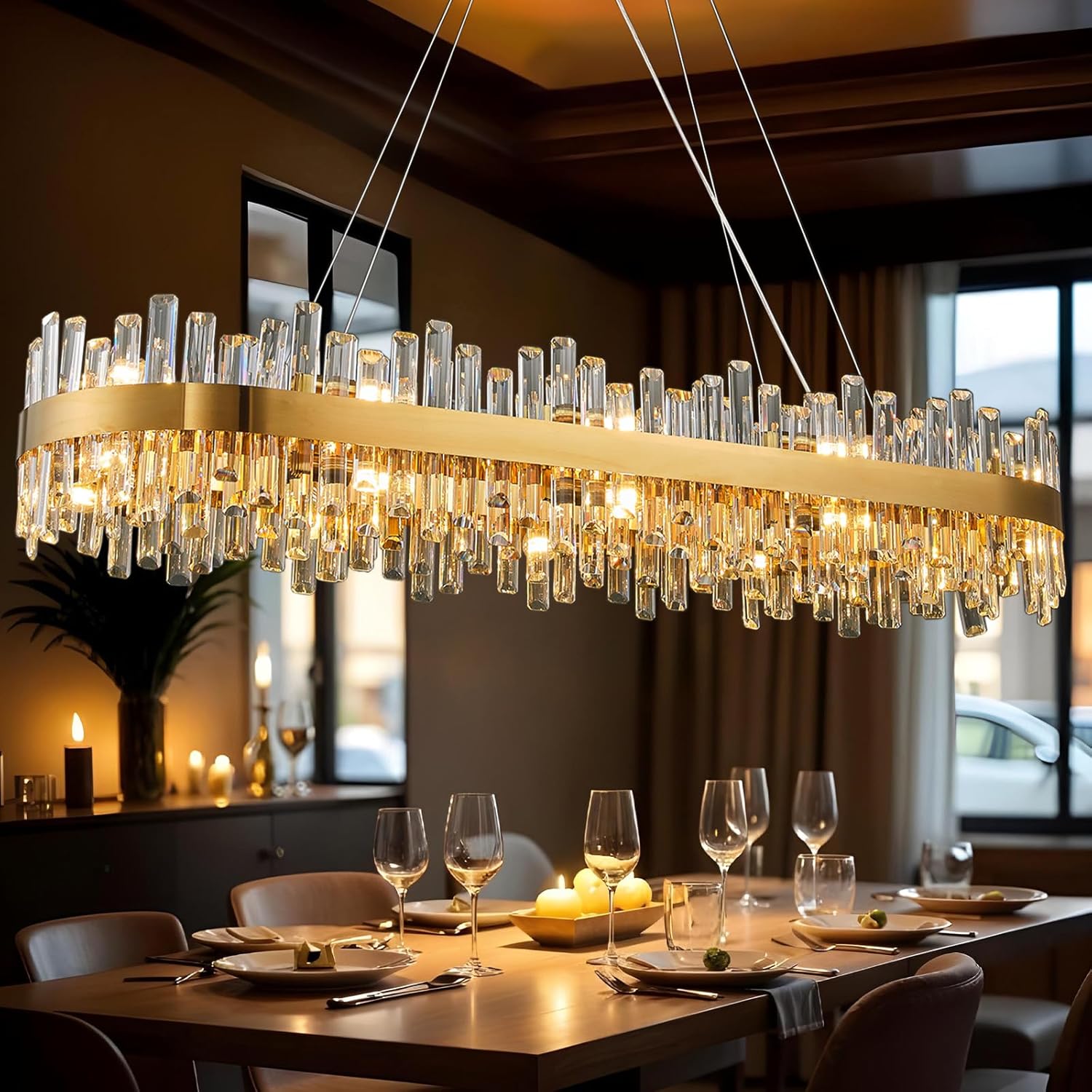 Luxury Gold 2-Tier Rectangular Crystal Chandelier 52" L Dining