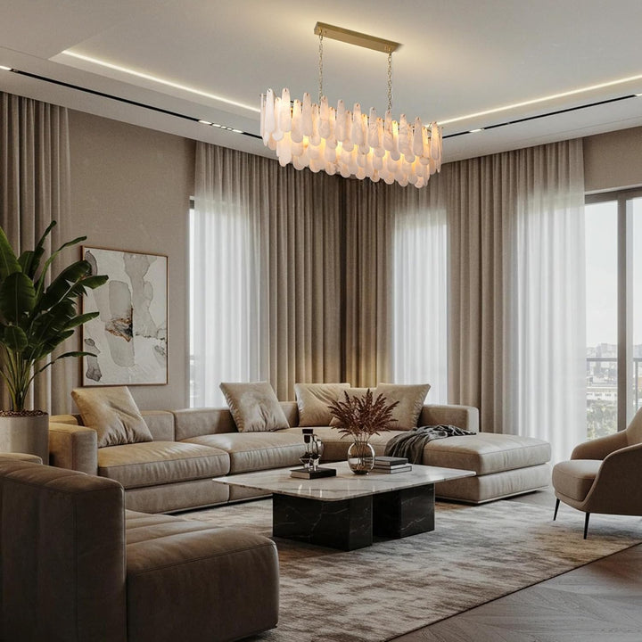 Luxury Modern Alabaster Brass Rectangle Chandelier with Adjustable Height