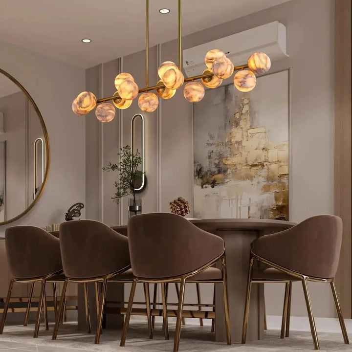 Mid Century Modern Sputnik 12 Light Gold Alabaster Globe Chandelier - Arialamps