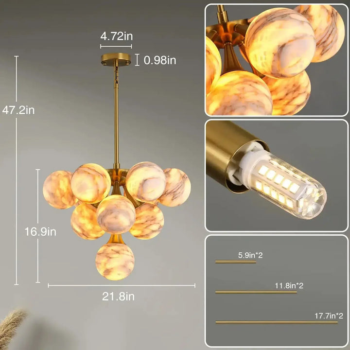 Mid Century Modern Sputnik 12 Light Gold Alabaster Globe Chandelier - Arialamps