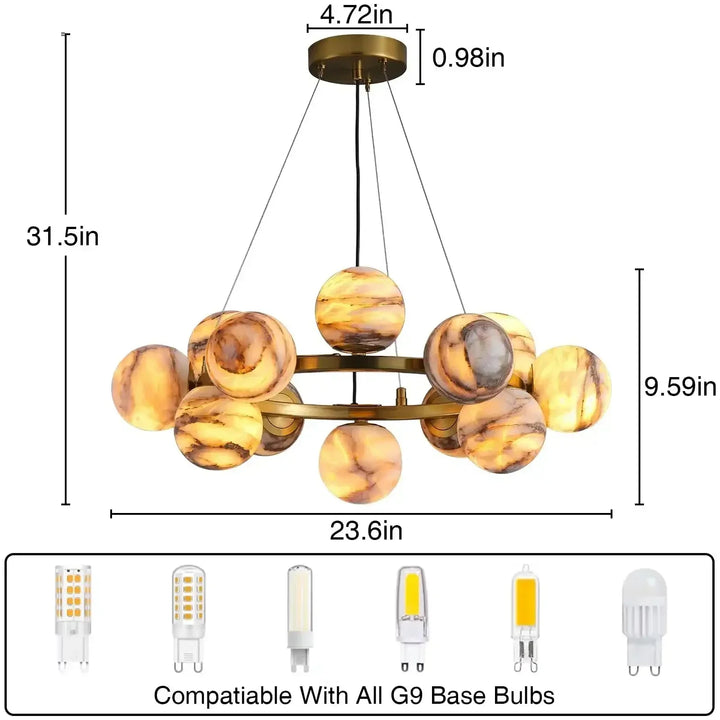 Mid Century Modern Sputnik 12 Light Gold Alabaster Globe Chandelier - Arialamps